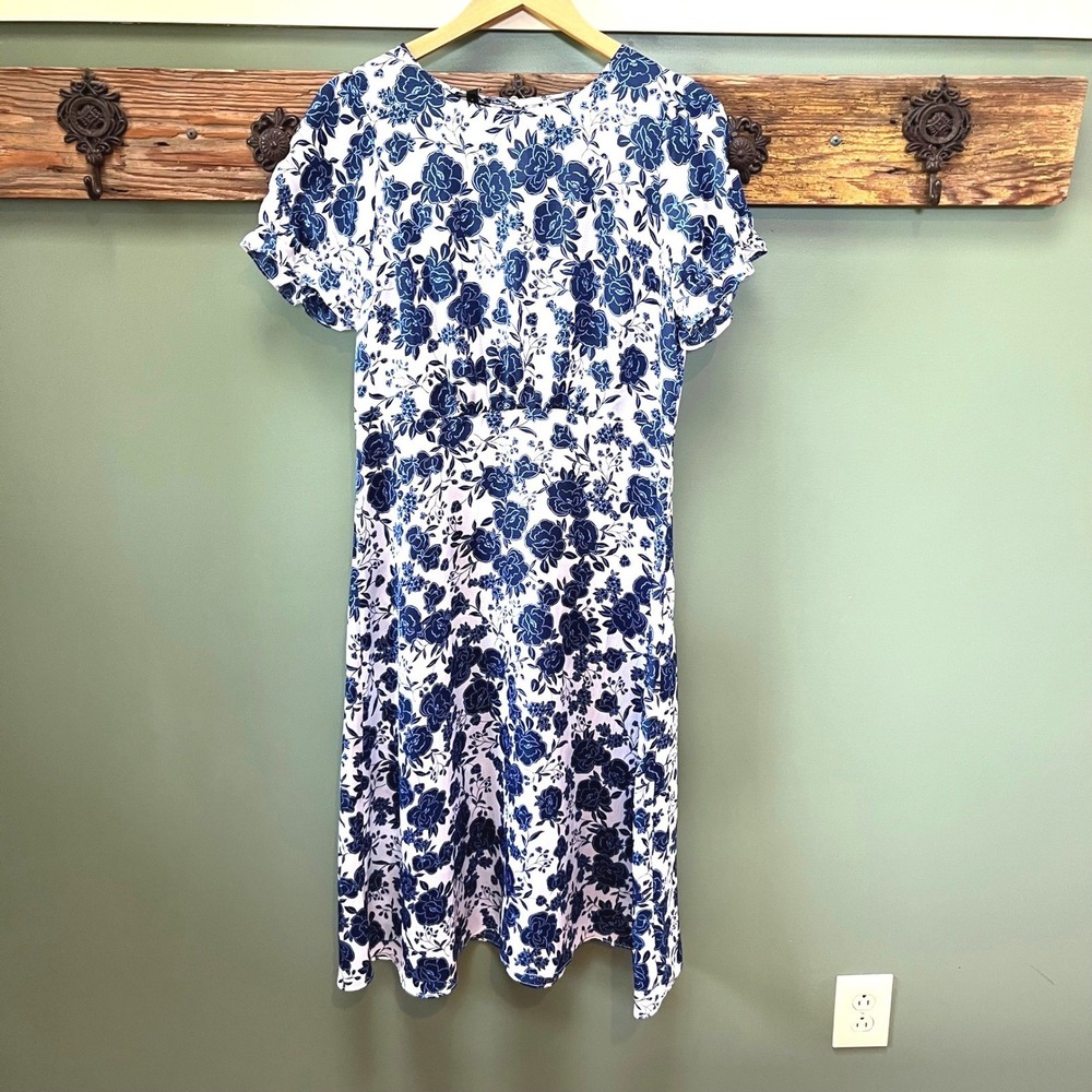 Talbots Blue White Floral Rose Midi Dress Short Sleeve Petite 10P NWT